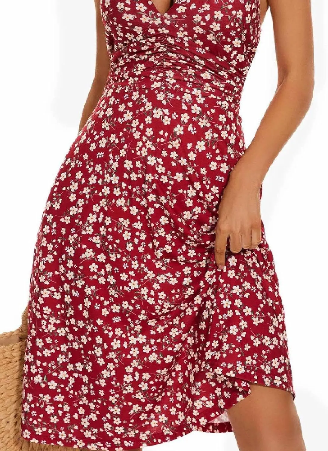 Women's Summer Floral Print Haltter Neck Sleeveless Mini Dress Ruched Waist Ruffle Hem Sundress Vacation Beach Oufits