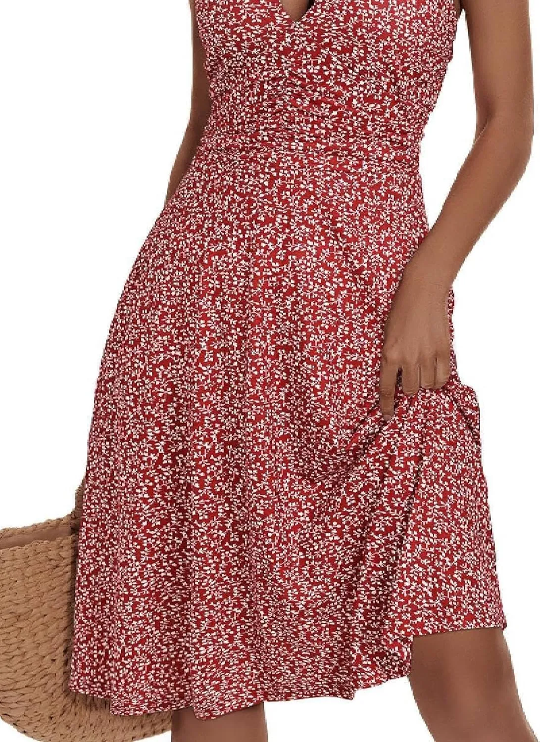 Women's Summer Floral Print Haltter Neck Sleeveless Mini Dress Ruched Waist Ruffle Hem Sundress Vacation Beach Oufits