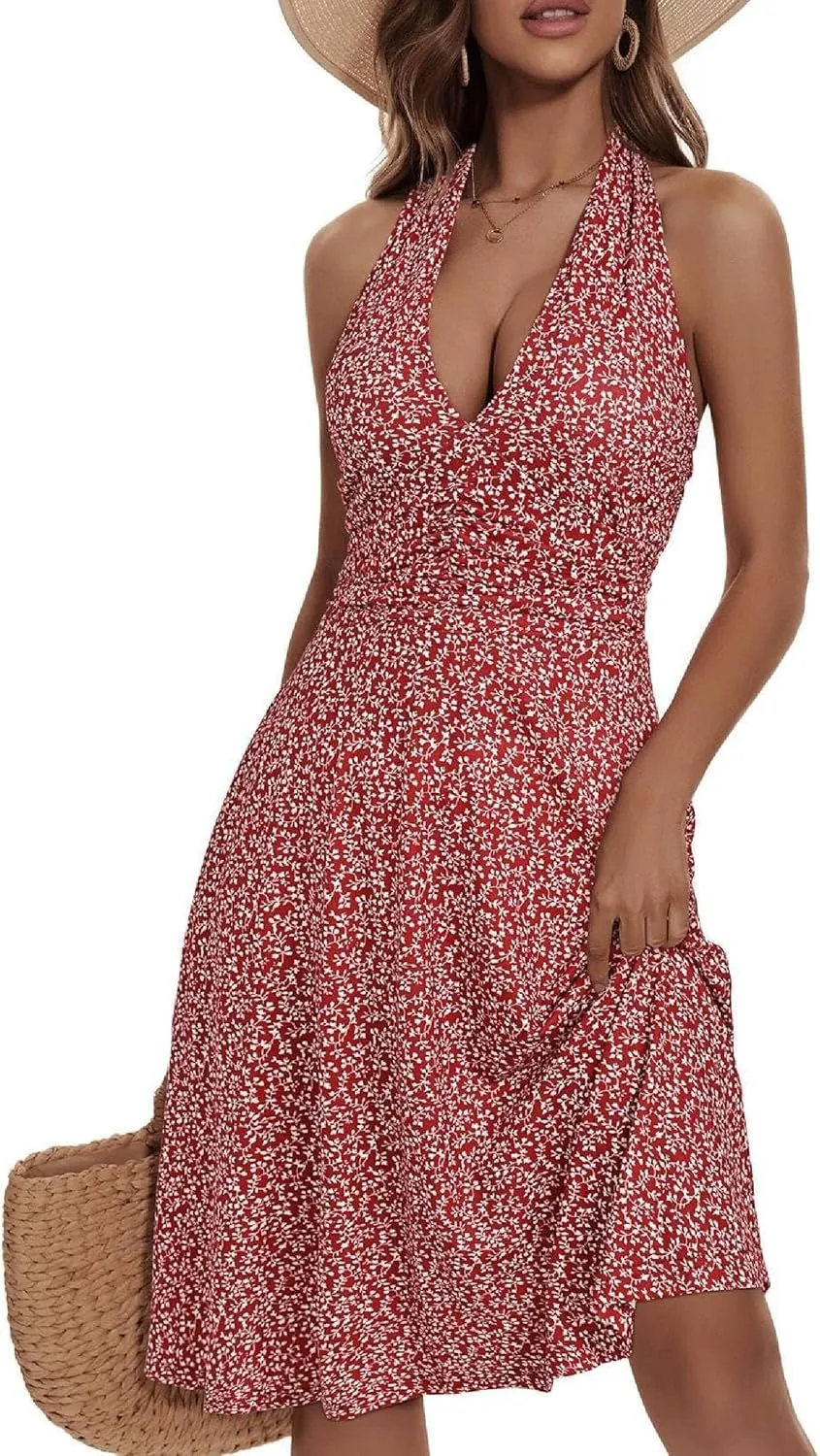Women's Summer Floral Print Haltter Neck Sleeveless Mini Dress Ruched Waist Ruffle Hem Sundress Vacation Beach Oufits