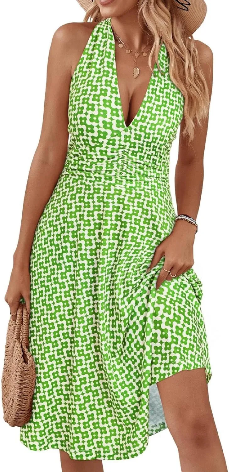 Women's Summer Floral Print Haltter Neck Sleeveless Mini Dress Ruched Waist Ruffle Hem Sundress Vacation Beach Oufits