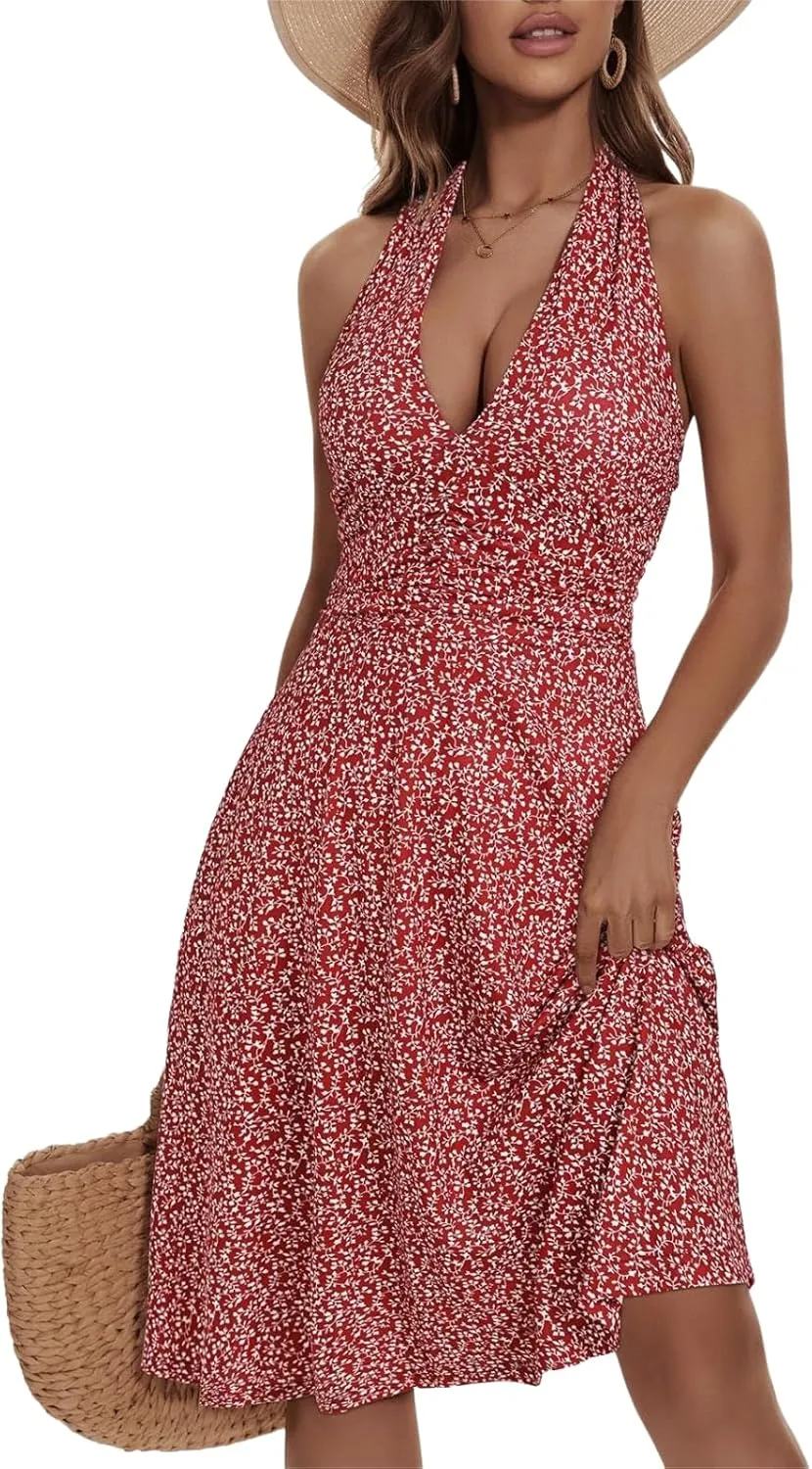 Women's Summer Floral Print Haltter Neck Sleeveless Mini Dress Ruched Waist Ruffle Hem Sundress Vacation Beach Oufits