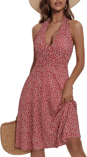 Women's Summer Floral Print Haltter Neck Sleeveless Mini Dress Ruched Waist Ruffle Hem Sundress Vacation Beach Oufits