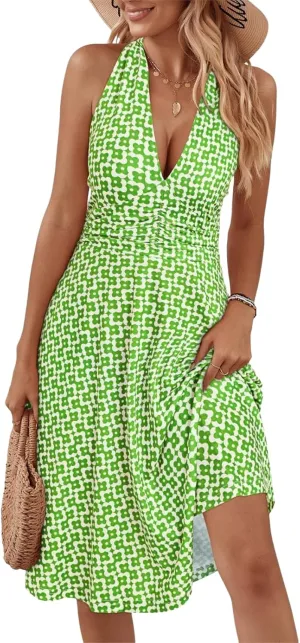 Women's Summer Floral Print Haltter Neck Sleeveless Mini Dress Ruched Waist Ruffle Hem Sundress Vacation Beach Oufits