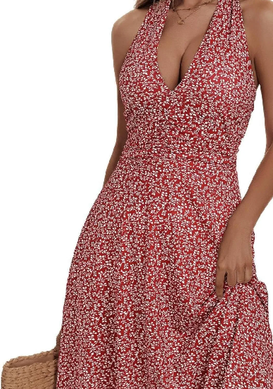 Women's Summer Floral Print Haltter Neck Sleeveless Mini Dress Ruched Waist Ruffle Hem Sundress Vacation Beach Oufits