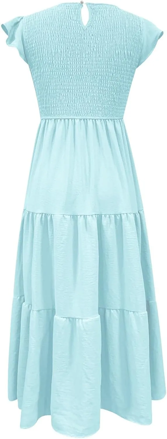 Womens Summer Flutter Short Sleeve Smocked Midi Dress Crewneck Aline Swing Flowy Tiered Maxi Dress Casual Elegant Dress