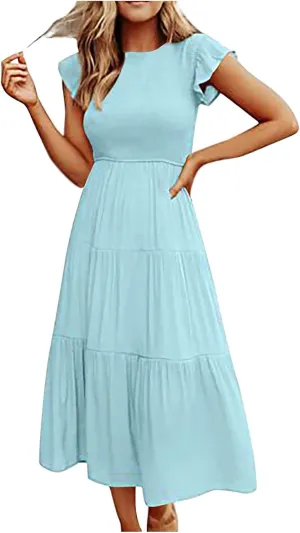 Womens Summer Flutter Short Sleeve Smocked Midi Dress Crewneck Aline Swing Flowy Tiered Maxi Dress Casual Elegant Dress