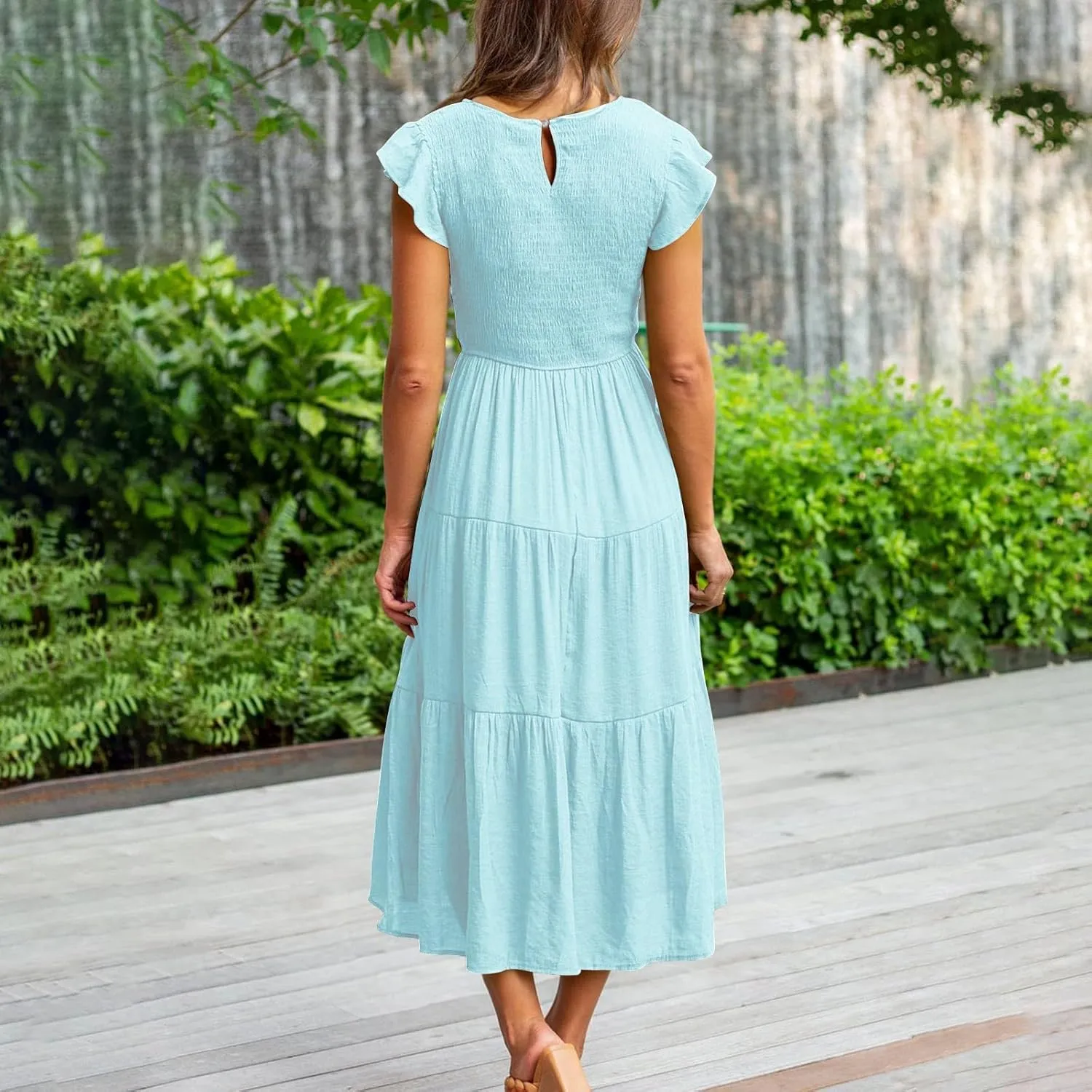 Womens Summer Flutter Short Sleeve Smocked Midi Dress Crewneck Aline Swing Flowy Tiered Maxi Dress Casual Elegant Dress