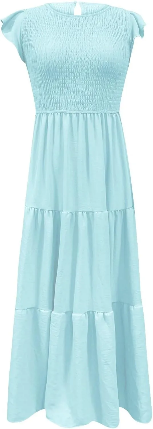 Womens Summer Flutter Short Sleeve Smocked Midi Dress Crewneck Aline Swing Flowy Tiered Maxi Dress Casual Elegant Dress