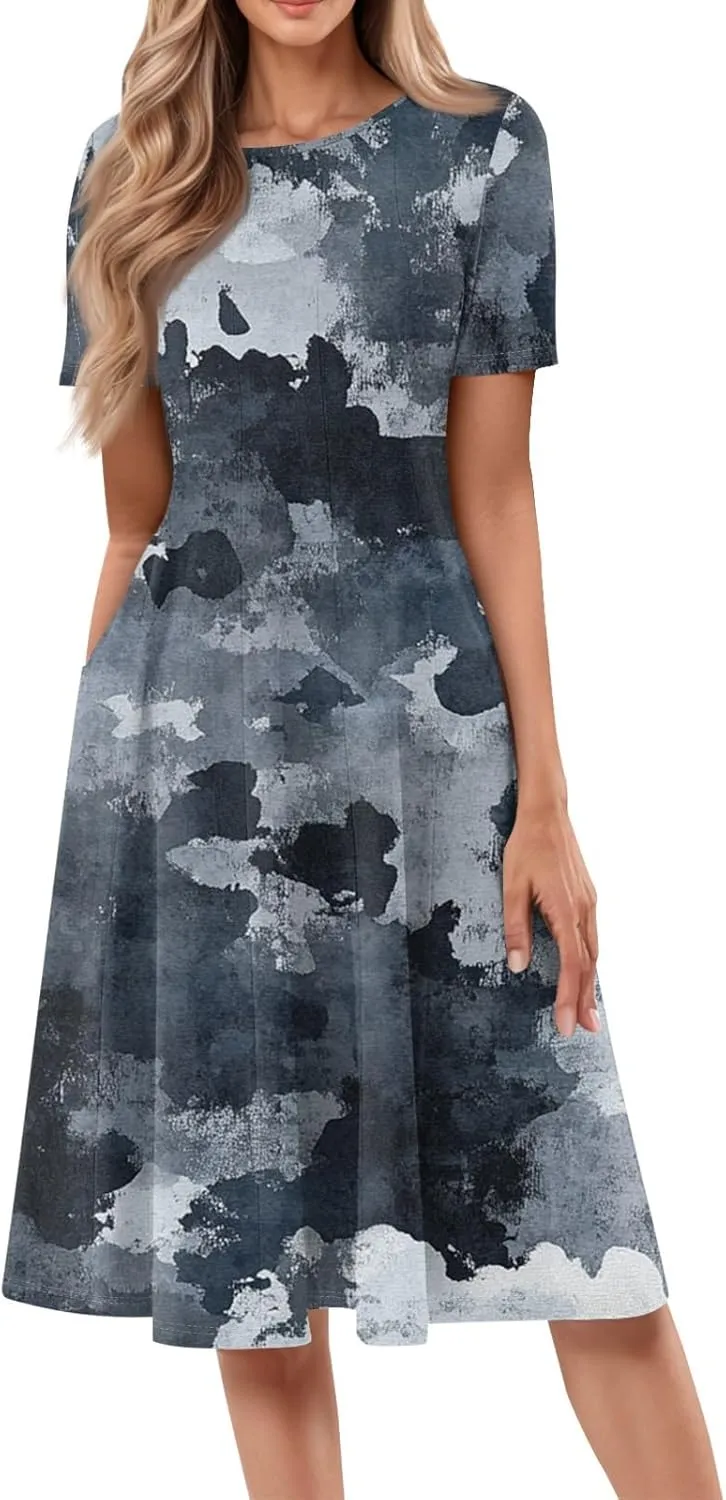 Womens Summer Midi Dress Short Sleeve Casual Plus Size A Line Elegant Formal Smocked Flowy Floral Knee Length Dress