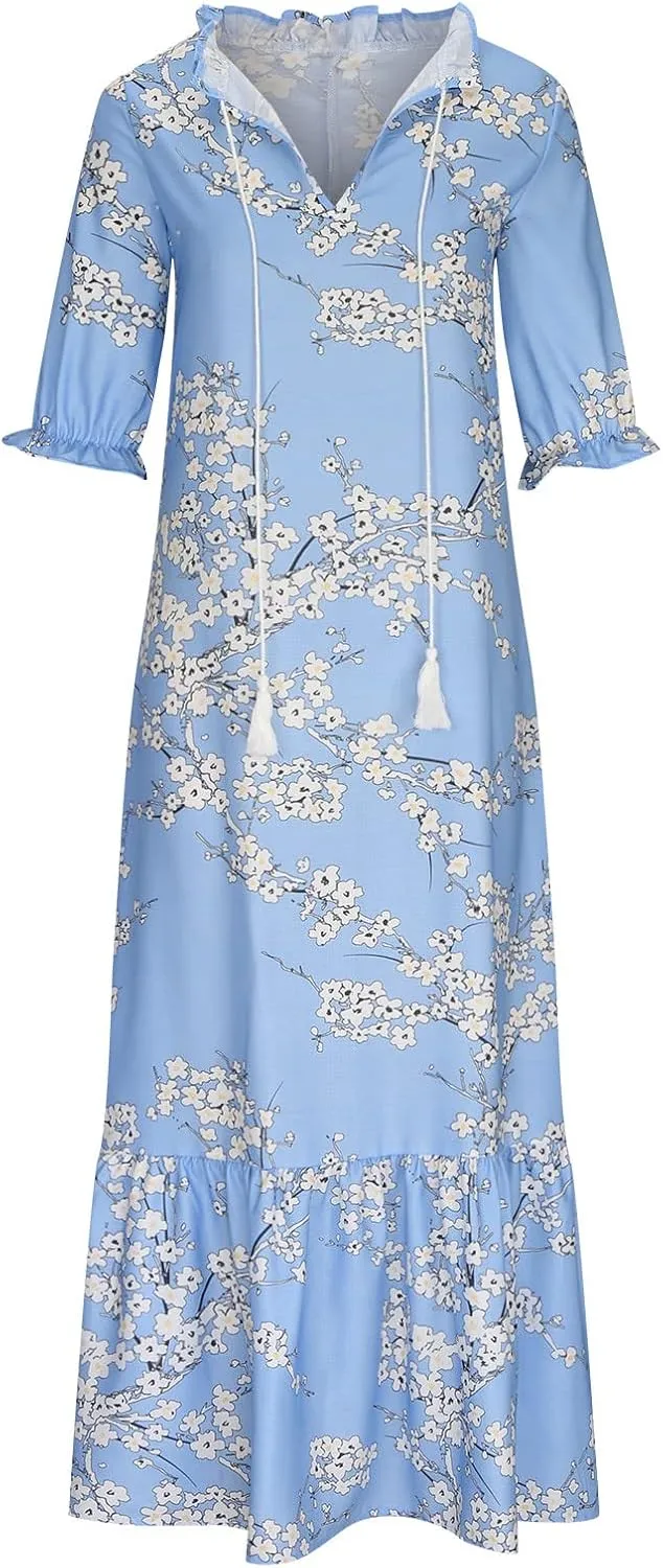 Women's Summer Ruffle Maxi Dresses 3/4 Sleeve Floral Pleated Swing Dress Bohemian Flowy A Line Boho Beach Long Dress