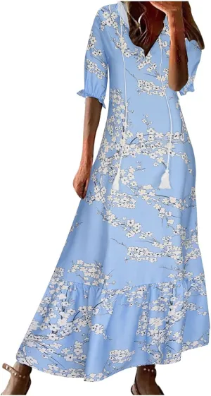 Women's Summer Ruffle Maxi Dresses 3/4 Sleeve Floral Pleated Swing Dress Bohemian Flowy A Line Boho Beach Long Dress
