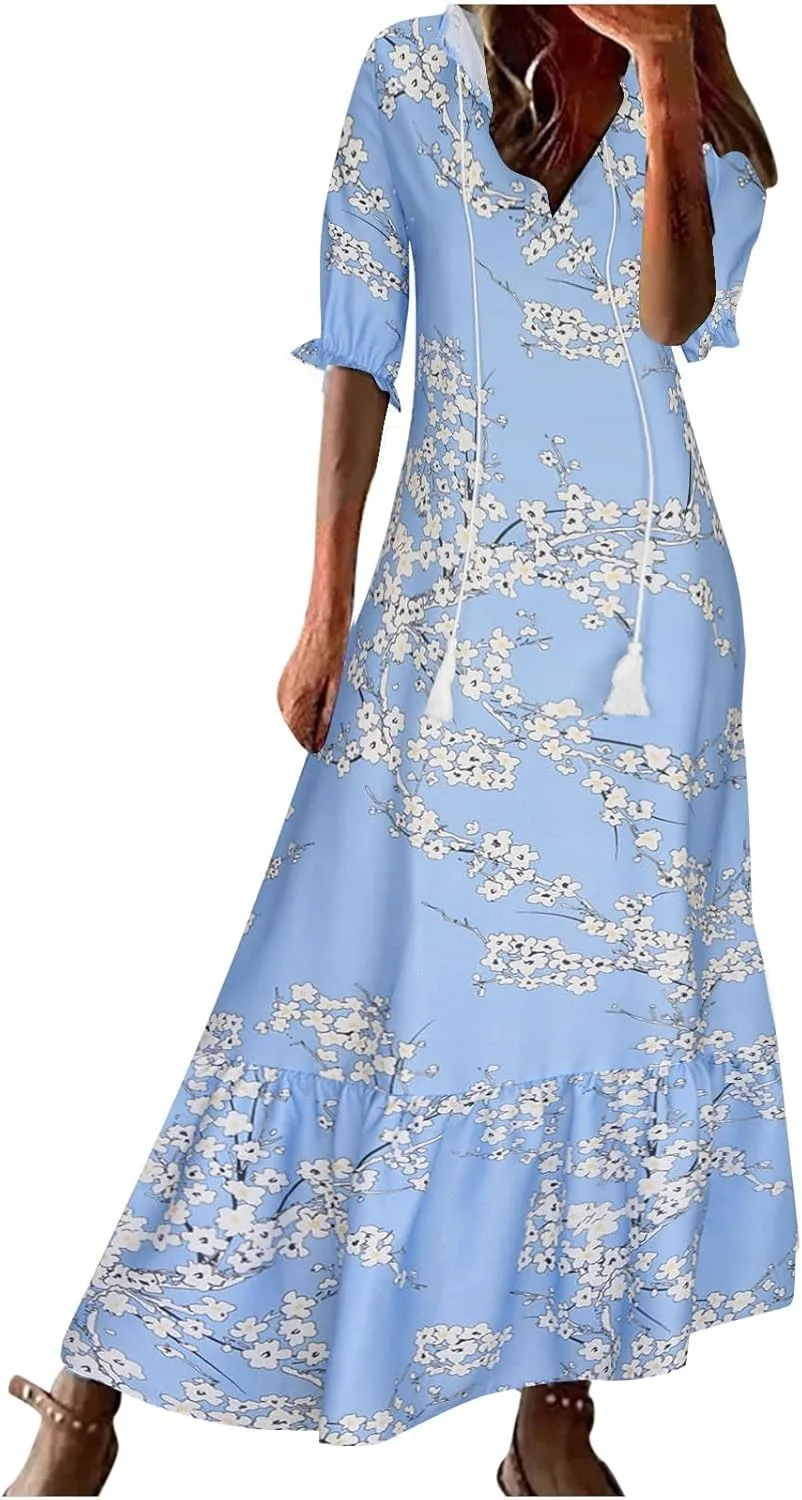 Women's Summer Ruffle Maxi Dresses 3/4 Sleeve Floral Pleated Swing Dress Bohemian Flowy A Line Boho Beach Long Dress