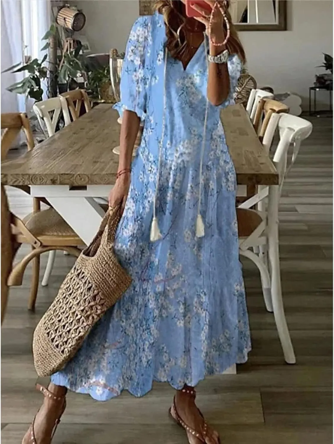 Women's Summer Ruffle Maxi Dresses 3/4 Sleeve Floral Pleated Swing Dress Bohemian Flowy A Line Boho Beach Long Dress