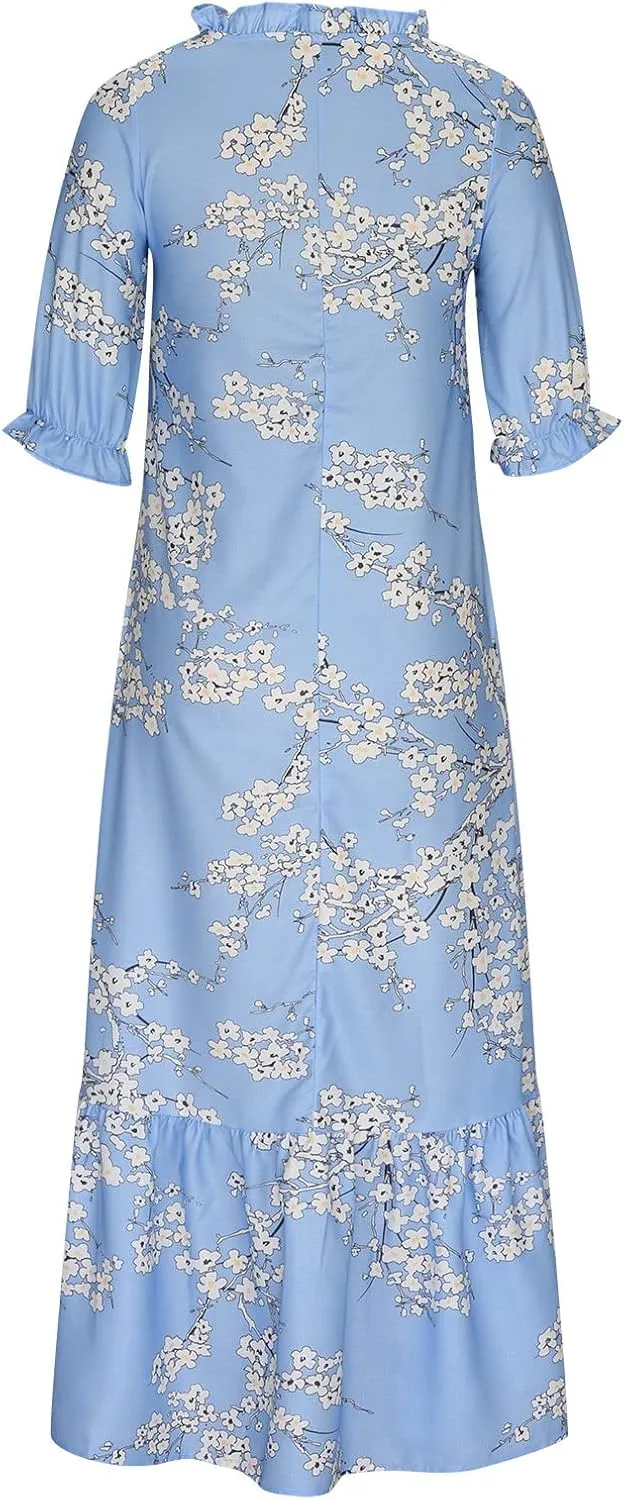 Women's Summer Ruffle Maxi Dresses 3/4 Sleeve Floral Pleated Swing Dress Bohemian Flowy A Line Boho Beach Long Dress