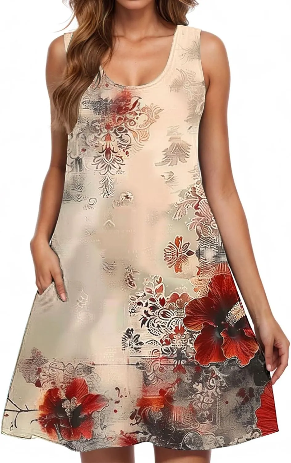 Women's Summer Sleeveless Tank Boho Beach Dress Floral Mini Sundress with Pockets Casual Loose Fit Flowy Tshirt Dress