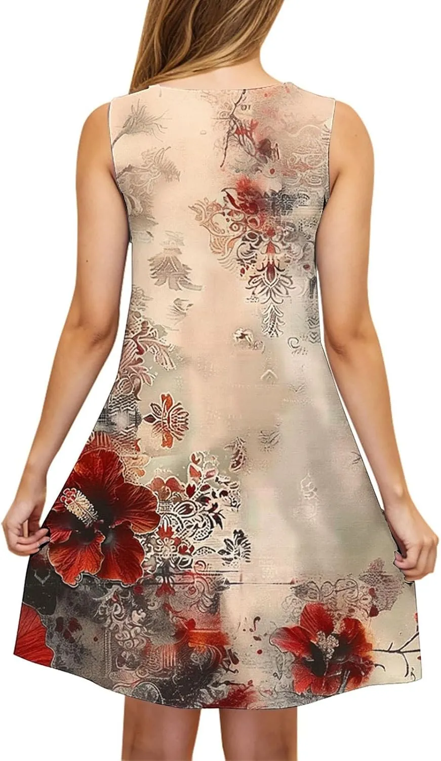 Women's Summer Sleeveless Tank Boho Beach Dress Floral Mini Sundress with Pockets Casual Loose Fit Flowy Tshirt Dress
