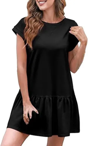 Womens Summer T Shirt Dress Casual Short Sleeve Ruffle Hem Crewneck Loose Mini Dresses Dress for Women Party