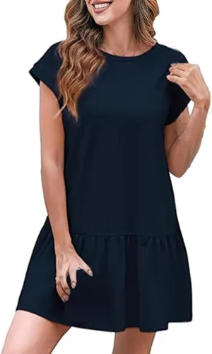 Womens Summer T Shirt Dress Casual Short Sleeve Ruffle Hem Crewneck Loose Mini Flower Dresses with Sleeves for