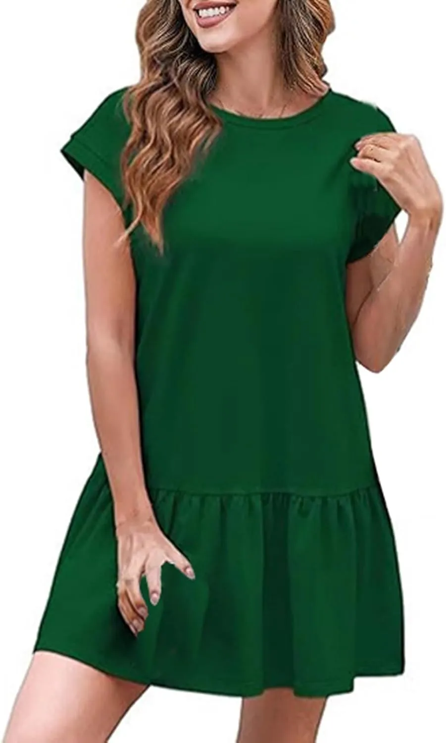 Womens Summer T Shirt Dress Casual Short Sleeve Ruffle Hem Crewneck Loose Mini Flower Dresses with Sleeves for