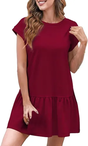 Womens Summer T Shirt Dress Casual Short Sleeve Ruffle Hem Crewneck Loose Mini Flower Dresses with Sleeves for