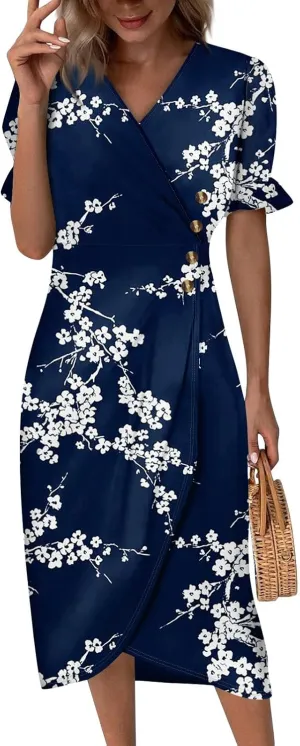 Women's Summer Wrap Dress Floral Print Button V-Neck Polka Dot Dress Short Sleeve Ruffled Aline Midi Sundress