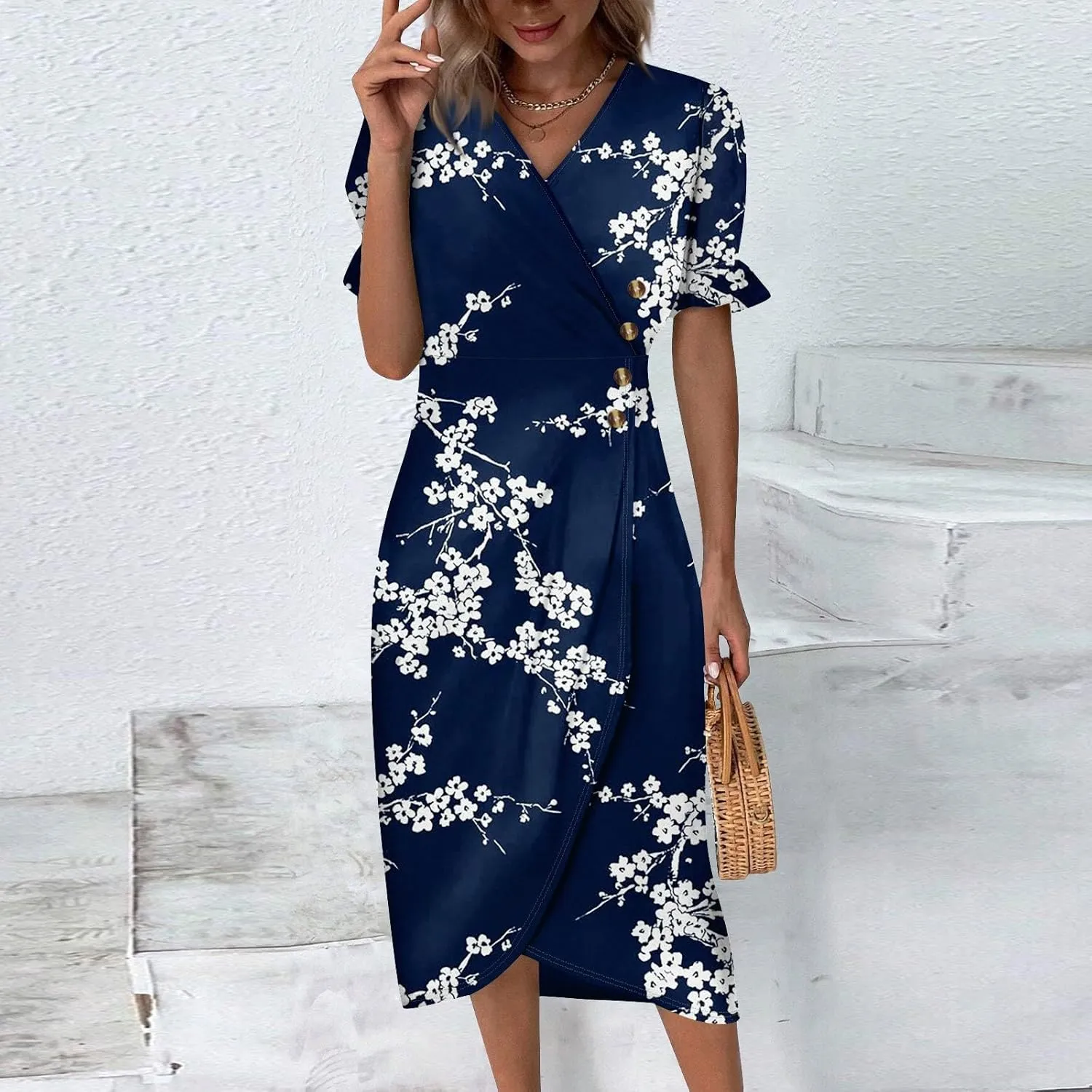 Women's Summer Wrap Dress Floral Print Button V-Neck Polka Dot Dress Short Sleeve Ruffled Aline Midi Sundress