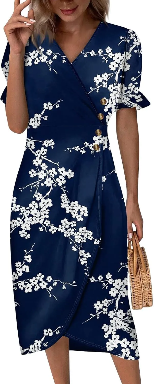 Women's Summer Wrap Dress Floral Print Button V-Neck Polka Dot Dress Short Sleeve Ruffled Aline Midi Sundress
