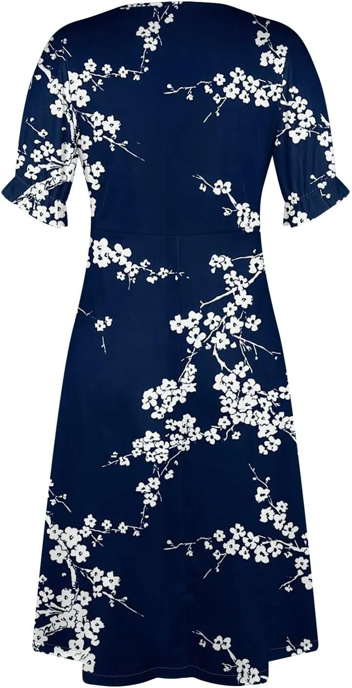 Women's Summer Wrap Dress Floral Print Button V-Neck Polka Dot Dress Short Sleeve Ruffled Aline Midi Sundress
