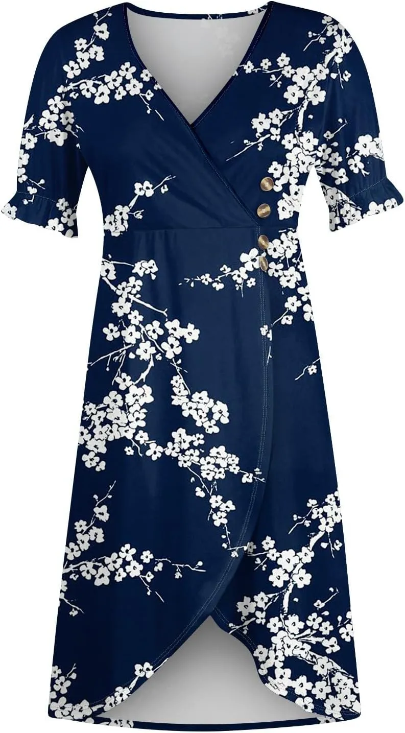 Women's Summer Wrap Dress Floral Print Button V-Neck Polka Dot Dress Short Sleeve Ruffled Aline Midi Sundress