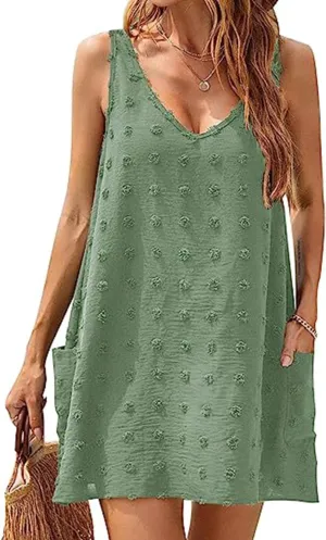 Womens Tank Dress Summer Beach Cover Up with Pocket Casual Sun Dresses Polka Dot Swimsuit Coverups