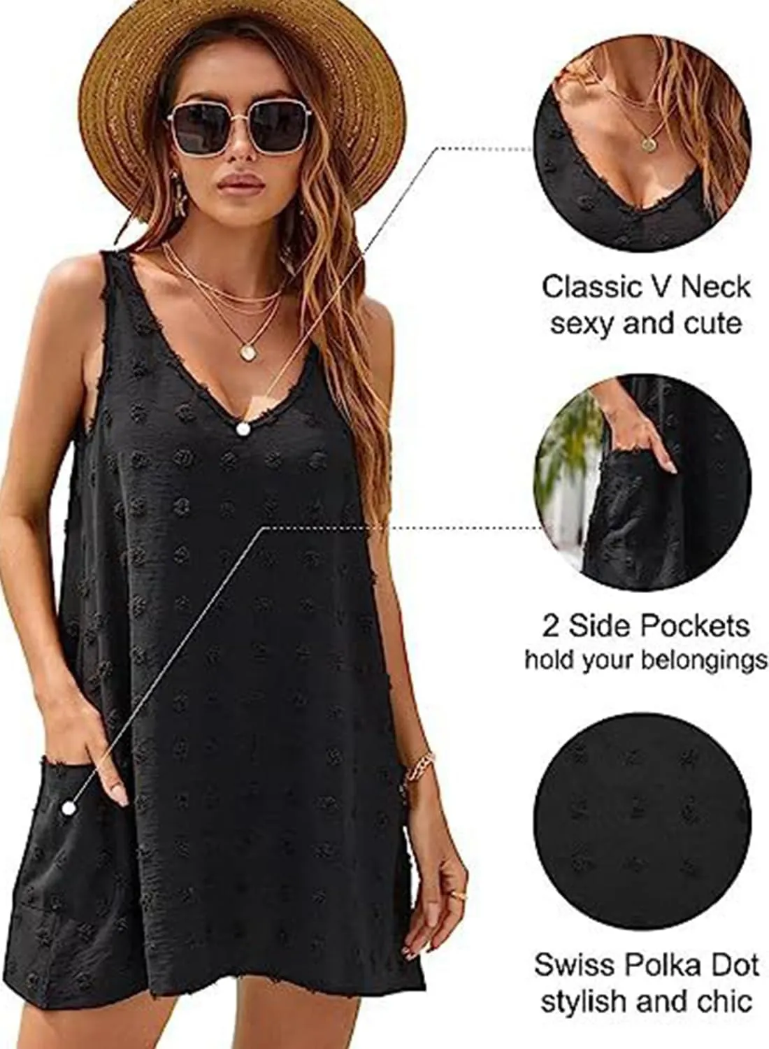 Womens Tank Dress Summer Beach Cover Up with Pocket Casual Sun Dresses Polka Dot Swimsuit Coverups