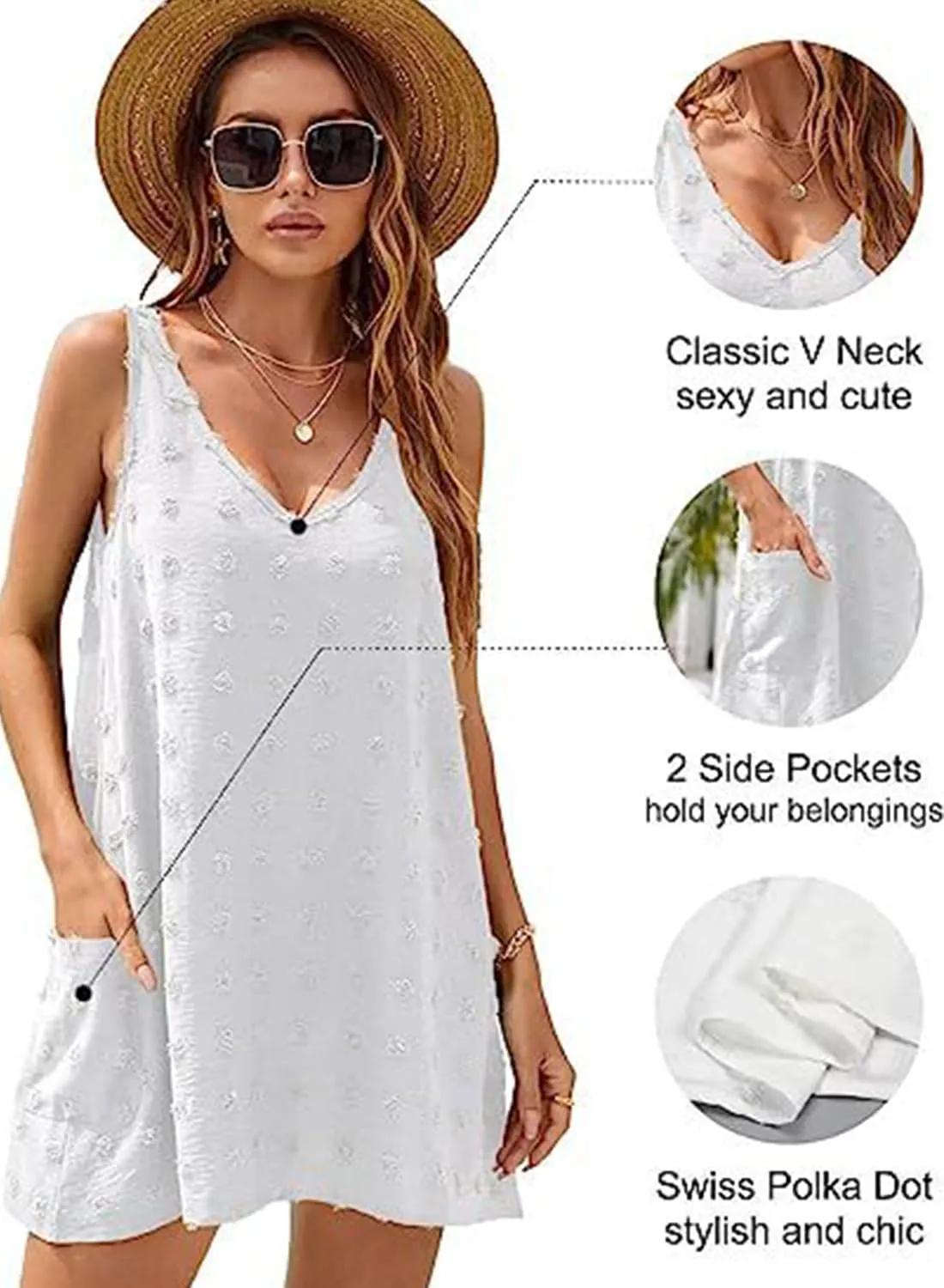 Womens Tank Dress Summer Beach Cover Up with Pocket Casual Sun Dresses Polka Dot Swimsuit Coverups