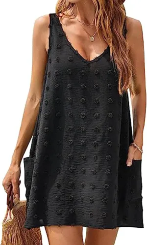 Womens Tank Dress Summer Beach Cover Up with Pocket Casual Sun Dresses Polka Dot Swimsuit Coverups