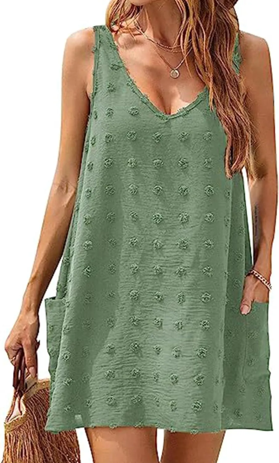 Womens Tank Dress Summer Beach Cover Up with Pocket Casual Sun Dresses Polka Dot Swimsuit Coverups