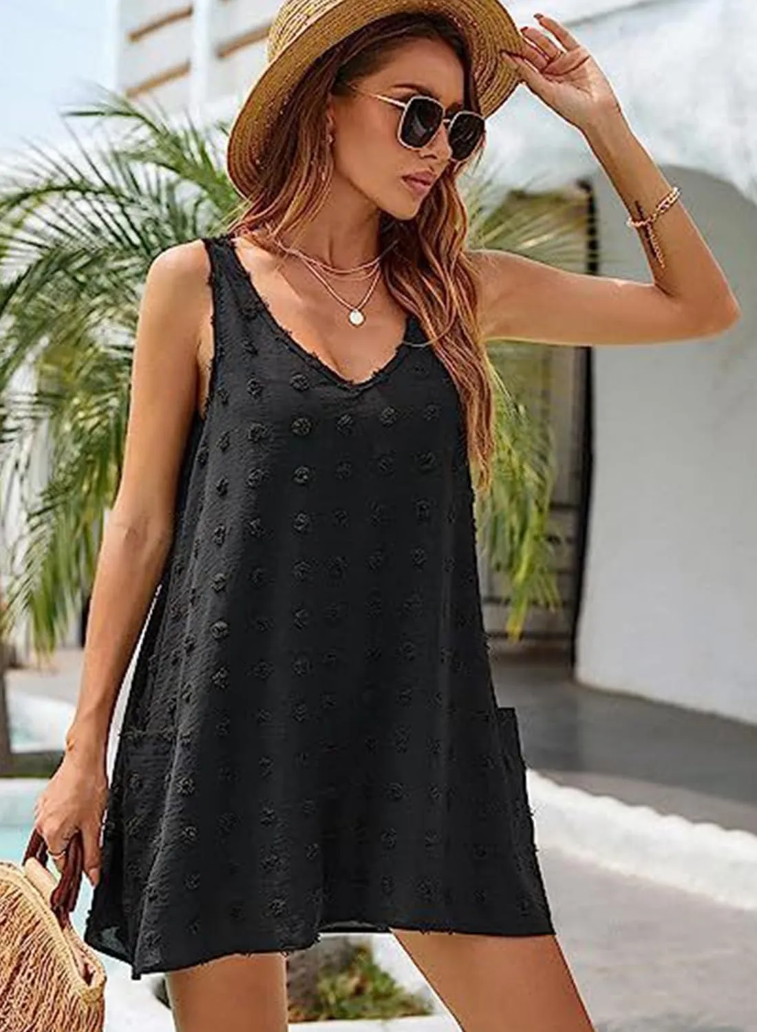 Womens Tank Dress Summer Beach Cover Up with Pocket Casual Sun Dresses Polka Dot Swimsuit Coverups