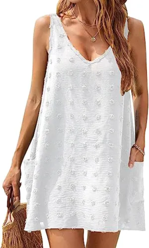 Womens Tank Dress Summer Beach Cover Up with Pocket Casual Sun Dresses Polka Dot Swimsuit Coverups