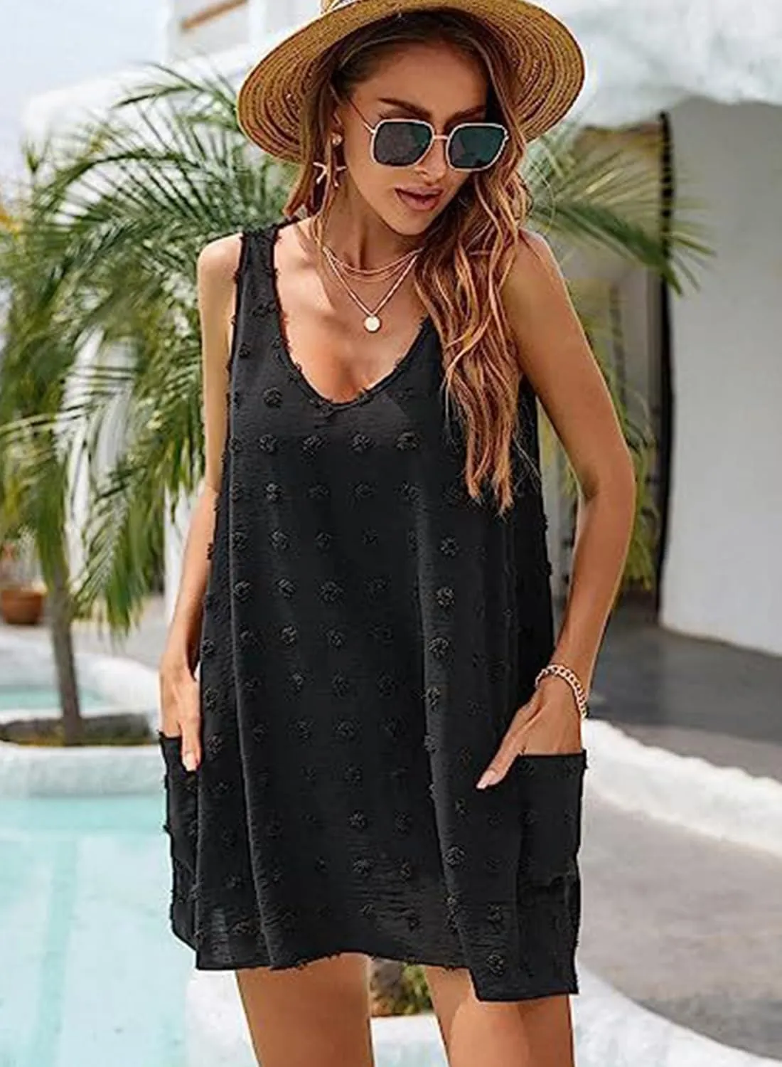 Womens Tank Dress Summer Beach Cover Up with Pocket Casual Sun Dresses Polka Dot Swimsuit Coverups