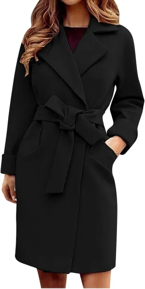 Women's Trench Coat Notch Lapel Thick Fall Winter Wrap Slim Fit Solid Wool Pea Coats Jacket with Belt (S-2XL)