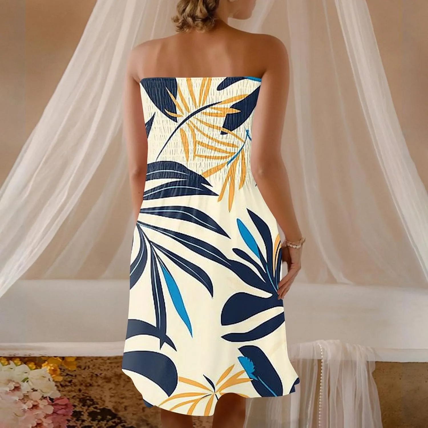 Womens Tube Top Dress Summer Beach Cover Ups Sexy Off Shoulder Strapless Boho Floral Print Sundress