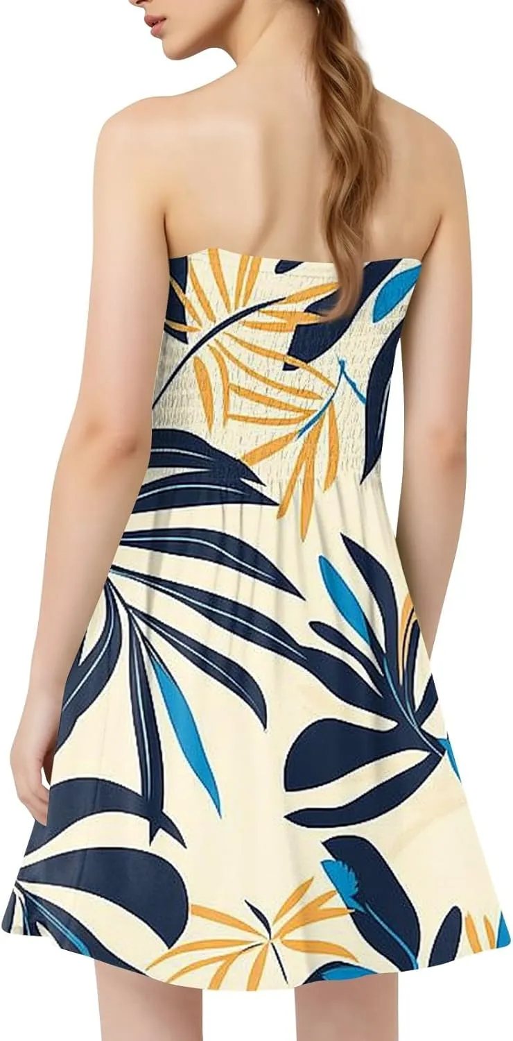 Womens Tube Top Dress Summer Beach Cover Ups Sexy Off Shoulder Strapless Boho Floral Print Sundress
