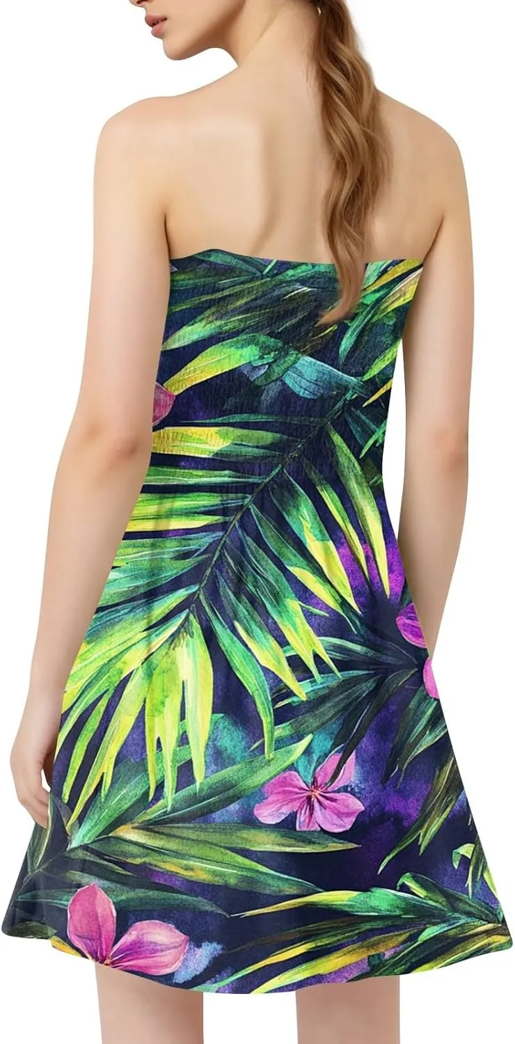 Womens Tube Top Dress Summer Beach Cover Ups Sexy Off Shoulder Strapless Boho Floral Print Sundress