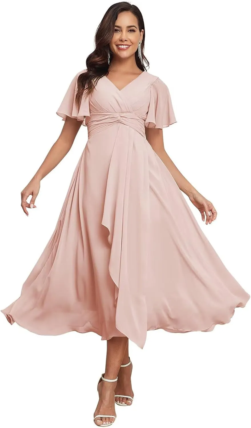 Women's V-Neck Bridesmaid Dresses Flutter Long Chiffon Formal Dress with Pockets