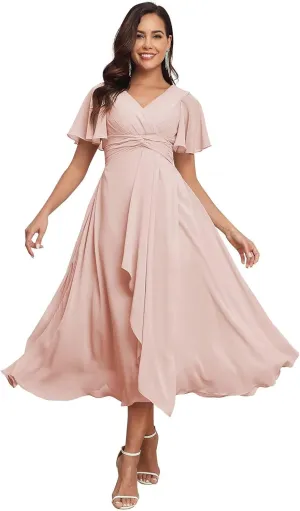 Women's V-Neck Bridesmaid Dresses Flutter Long Chiffon Formal Dress with Pockets