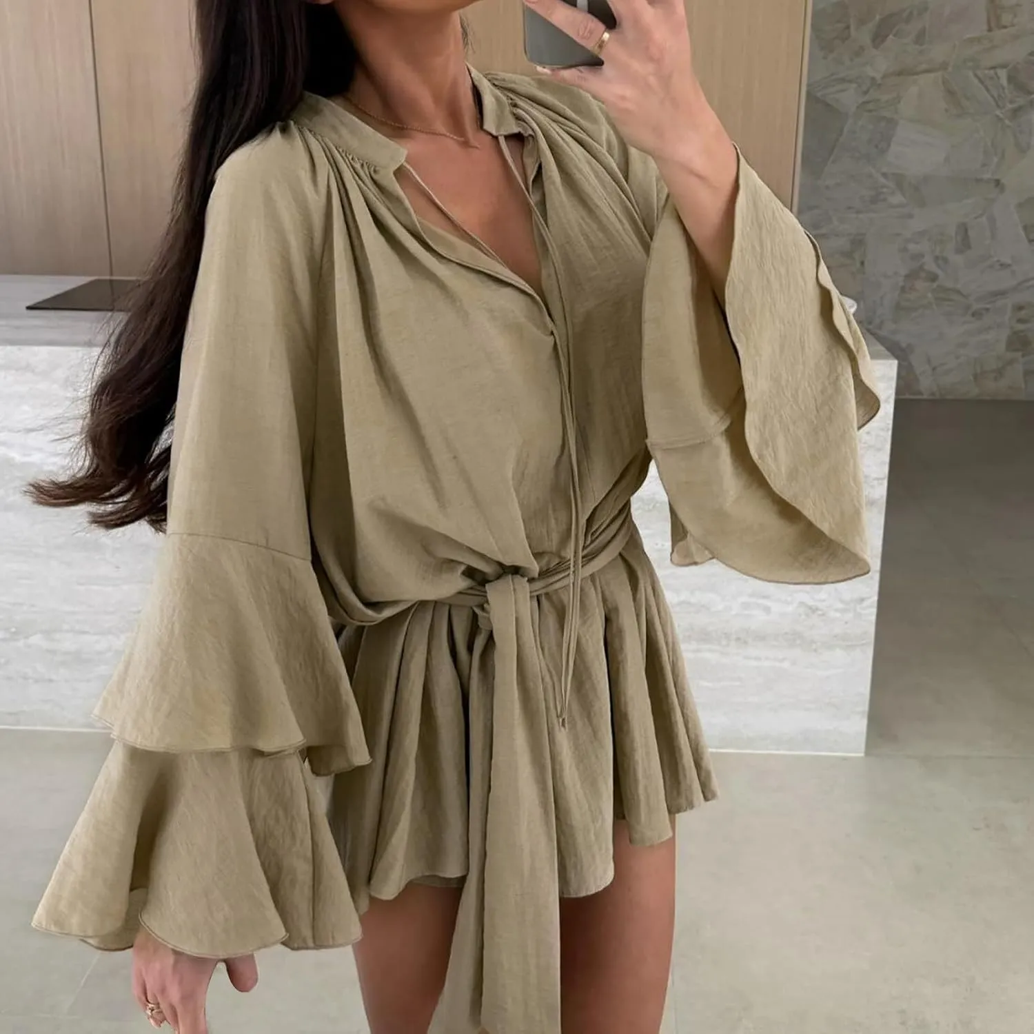 Womens V Neck Casual Dresses Summer Loose High Waist Ruffle Pleated Cute Mini Dress Plain Long Sleeve Sundress