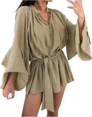Womens V Neck Casual Dresses Summer Loose High Waist Ruffle Pleated Cute Mini Dress Plain Long Sleeve Sundress