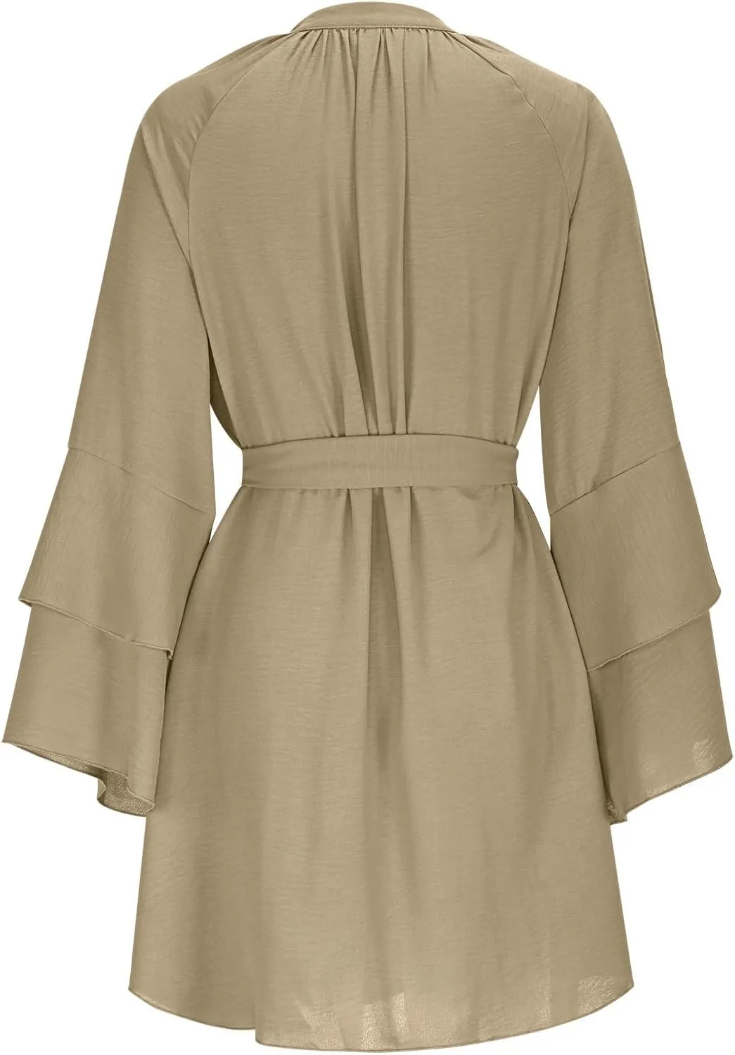 Womens V Neck Casual Dresses Summer Loose High Waist Ruffle Pleated Cute Mini Dress Plain Long Sleeve Sundress