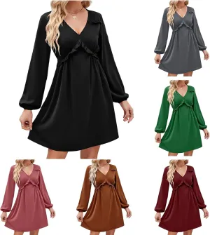 Womens V Neck Dresses 2023 Sexy Fashion Ruffle Short Dress Casual Long Sleeve High Waist Aline Fall Midi Dress