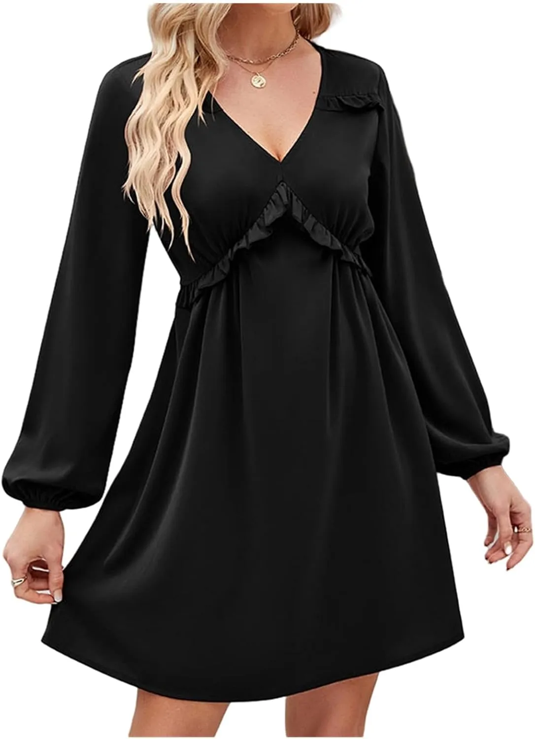 Womens V Neck Dresses 2023 Sexy Fashion Ruffle Short Dress Casual Long Sleeve High Waist Aline Fall Midi Dress