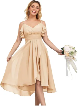 Women's V-Neck Short Bridesmaid Dresses Spaghetti Straps Ruched Chiffon Formal Evening Party Gown