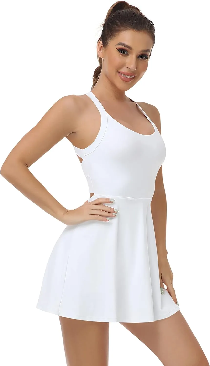 Womens Workout Tennis Dress with Built in Shorts and Bra Athletic Golf Activewear for Exercise